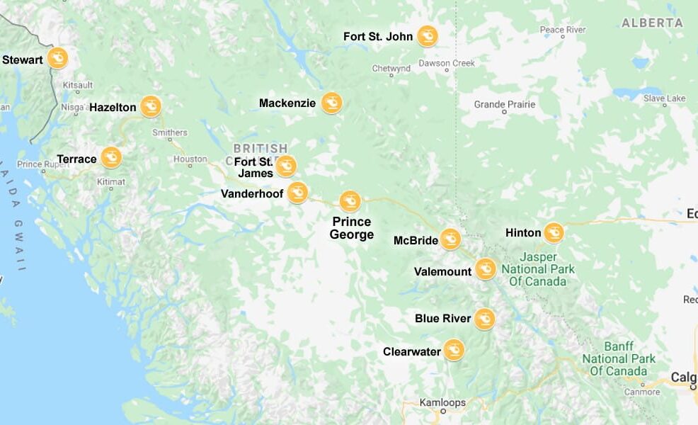 Yellowhead Helicopters services base map BC and Alberta