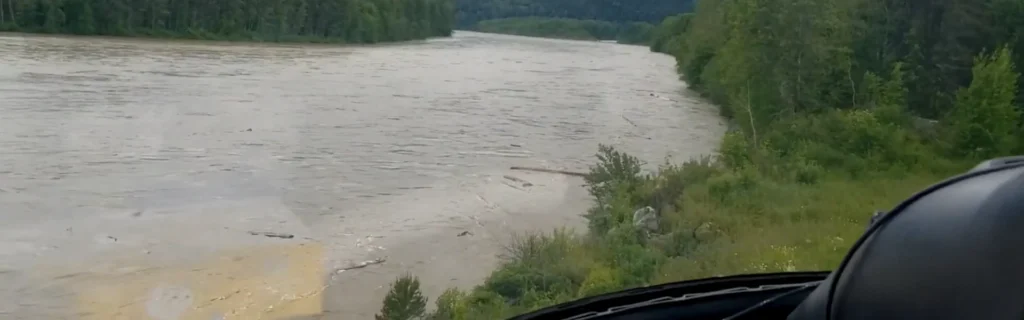 Helicopter flight over Skeena River flooding 4 Screenshot of video of Skeena River flooding 2021