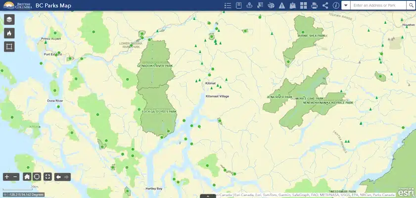 Terrace BC Heli Tours 1 Screenshot of BC Parks interactive map of the northcoast