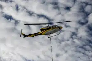 Skyview of Bell 212 heli-logging in northern BC