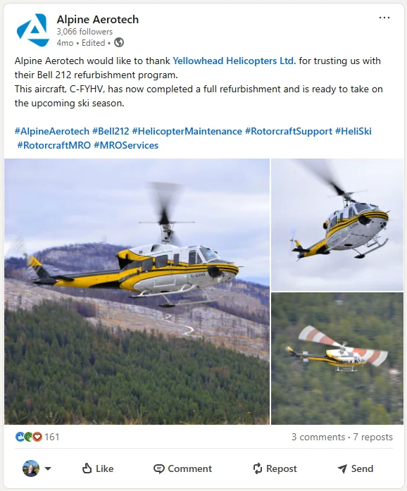screenshot of an Alpine Aerotech post on LinkedIn related to Bell 212 refurbished in 2025