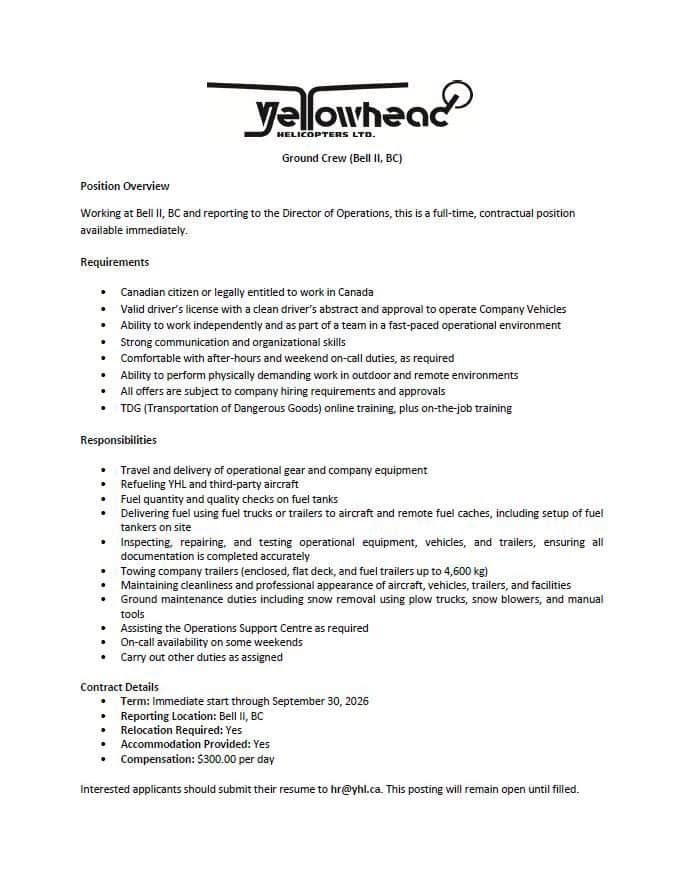 Job posting for helicopter ground crew working out of Bell 2, BC