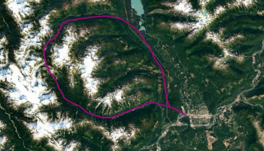 approximate route map of Terrace helicopter tour around Sleeping Beauty Mountain Park